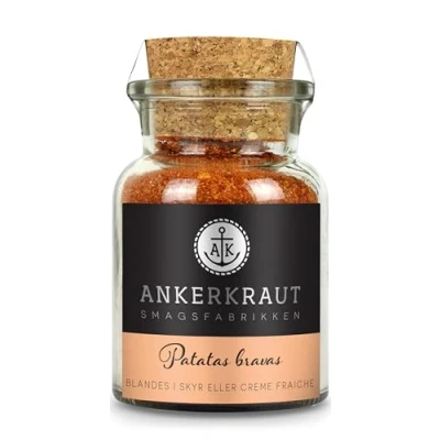 Abbildung von Ankerkraut Patatas bravas, krydderiblanding til spanske kartoffelterninger, med tomatchips og søde paprika, 90g i glas korklåg