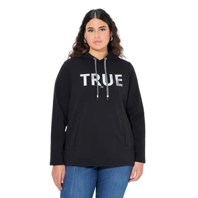 Abbildung von Ulla Popken Women&#039;s Hoodie, True, Kapuze, Kordel, Taschen, Langarm Sweatshirts, Schwarz, 50/52