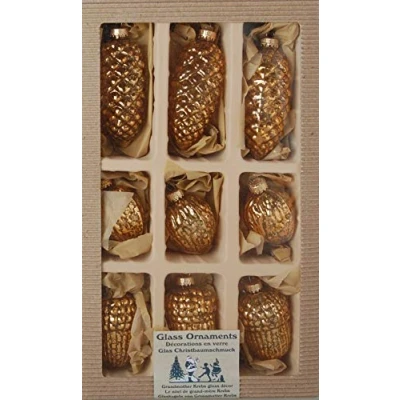 Abbildung von Dekohelden24 Lauschaer 9 Stück Christbaumschmuck Zapfen Eicheln Nüsse 8cm Gold mit goldenem Kranz + 50 Schnellaufhänger in