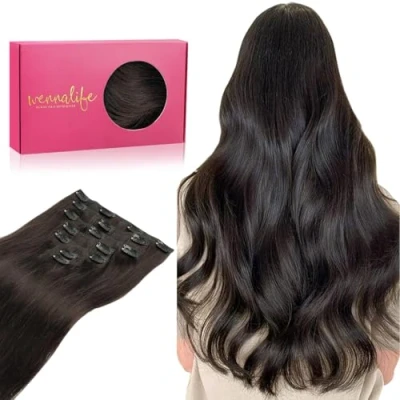 Abbildung von WENNALIFE Clip in Extensions Echthaar, 35cm 14 Zoll 120g 7pcs Dunkel Braun Hair Echthaar Remy Haarverlängerung Natürliche
