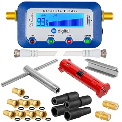 Abbildung von HB Digital XXL Sat Installationsset: digitaler Finder mit Display + Abisolierer Montageschlüssel Aufdrehhilfe 8X F Stecker vergoldet 2X Verbinder 4X Gummitülle Wetterschutz Werkzeugset