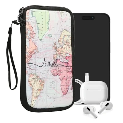 Abbildung von kwmobile Handytasche für Smartphones XL 6,7/6,8&quot; Neopren Handy Tasche Hülle Cover Case Schutzhülle Travel Schriftzug Schwarz Mehrfarbig 17,2 x 8,4 cm Innenmaße