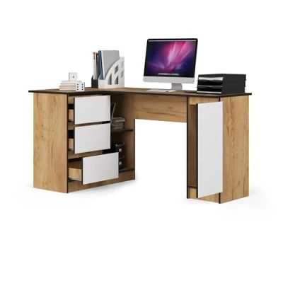 Abbildung von BDW Eckschreibtisch Links, 3 Schubladen und 4 Einlegeböden, viel Platz zum Ausbreiten, für Jugendzimmer, Büros Ateliers, Computertisch, Arbeitstisch, Bürotisch, 155x77x100, Eiche Craft/Weiss