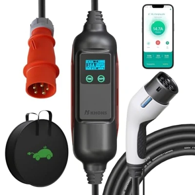 Abbildung von Youwoauto Wallbox 11KW 3 phasig 16A Typ 2 Ladekabel mit CEE Stecker, IP65 Mobile Ladestation Einstellbarer Ladeleistung, APP Steuerung Tragbare EV für IEC 62196 (5 Meter)