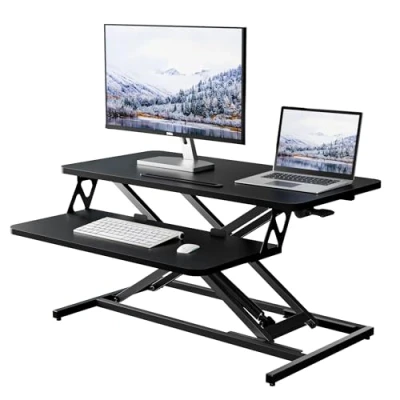 Abbildung von ERGOMAKER Stehpult Höhenverstellbarer Schreibtischaufsatz, Sitz Steh Computertisch 80 X 40CM mit Zwei Monitoren Tastaturablage Schwarz