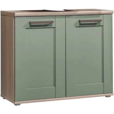 Abbildung von BERGEN Badezimmer Waschbeckenunterschrank in Sonoma Eiche Optik, Schilfgrün Bad Unterschrank Badezimmerschrank mit viel Stauraum 80 x 66 32 cm (B/H/T)