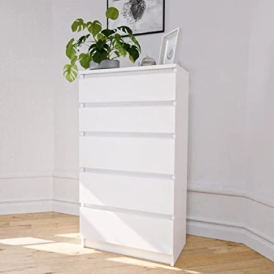 Abbildung von Home Collective Kommode weiß Schlafzimmer Flur Nachttisch, verfügbar in Matt und Hochglanz, Sideboard, Highboard, mit fünf Schubladen, Breite 60 cm Höhe 112cm