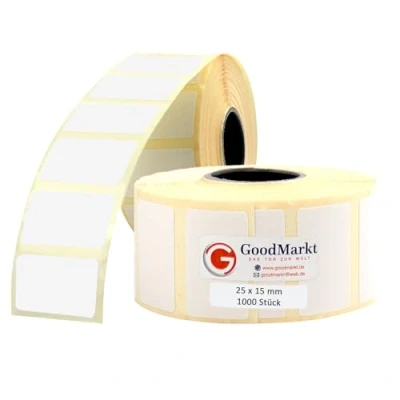 Abbildung von GoodMarkt Etikettenrolle 25x15mm Selbstklebende Thermo Etiketten auf Rolle 1000 Labels, Adressetiketten Haushaltsetiketten Bedruckbar Aufkleber für Büro Küche