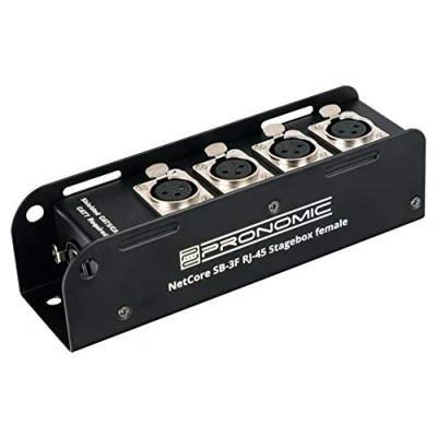 Abbildung von Pronomic NetCore SB 3F Multicore Stagebox male mit 4 XLR Buchsen (female) auf RJ45 Buchse zur Übertragung analoger oder digitaler Signale über Netzwerkkabel