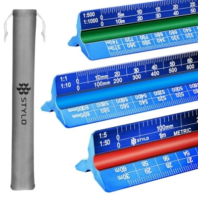Abbildung von Stylo 30 cm Aluminium Architektonisches Lineal, dreieckig, Metrische Skalen 1:20, 1:25, 1:50, 1:75, 1:100, 1:125, Ideal für Architekten, Studenten, Zeichner, Ingenieure (Blau, Einheiten)