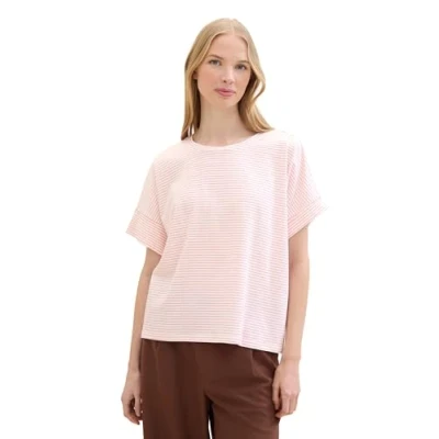 Abbildung von TOM TAILOR Damen Basic Boxy T Shirt mit Streifen, offwhite pink stripe, L