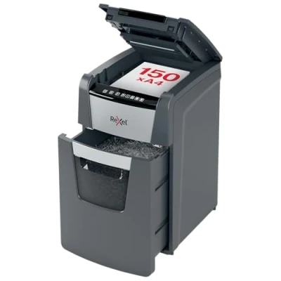 Abbildung von Rexel Optimum AutoFeed+ 150X Automatischer Aktenvernichter, 150 Blatt automatisch, Sicherheitsstufe P4, Partikelschnitt, für kleinere Büros, 44 Liter Abfallbehälter, 2020150XEU