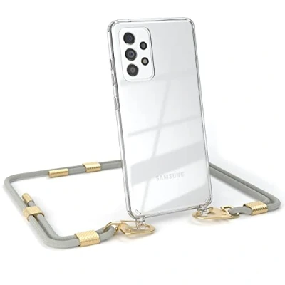Abbildung von EAZY CASE kombinierbare Handyketten kompatibel mit Samsung Galaxy A52 / A52S, Transparente Silikon Hülle stylischen Umhängeband, Abnehmbarer Karabiner, Gurt zum wechseln, Taupe Clips Gold