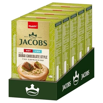 Abbildung von Jacobs Typ Cappuccino Dubai Chocolate Style, Getränkepulver Sticks mit löslichem Bohnenkaffee, Instant Kaffee, 5 x 8 Sticks, à 15g