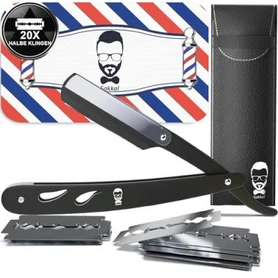 Abbildung von Rasiermesser Barber set 20 Halbe Klingen Etui Leder Reise SAKKAL Rasierer Friseur Herren Handbart Professional Kit Classic Handpflege Precision Friseurmechanik bartschablonen Schwarz