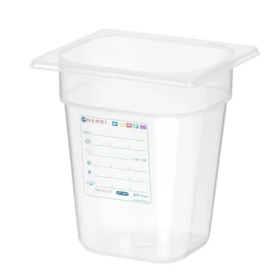 Abbildung von HENDI Gastronormbehälter, Temperaturbeständig von 40 bis 80C, Geruchs und geschmackneutral, ohne Deckel, 3,4L, Polypropylen, GN 1/6, 176x162x(H)200mm, Transparent