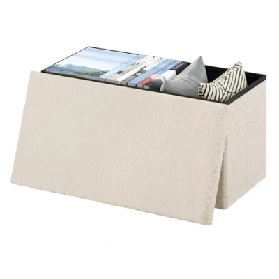 Abbildung von eSituro Sitzbank mit Stauraum, Faltbarer Sitzhocker, Truhenbank Deckel, Sitztruhe, Fußhocker, Aufbewahrungstruhe, Polsterbank aus Teddyfleece, 80 L, 300 kg belastbar, 76x37x38 cm, Beige, SOM0214
