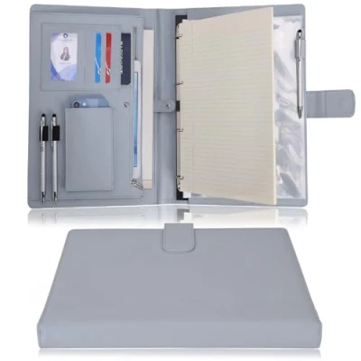 Abbildung von Wonderpool A4 PU Leder Ringhalter Schreibmappen Multi Dokumententasche mit Herausnehmbarem Binder Klemmbretter und funktioneller Tasche für Organizer Büro Reise Schule (Hellgrau)