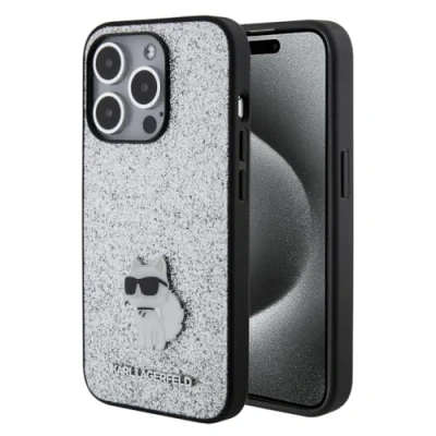 Abbildung von Karl Lagerfeld KLHCP15LGCNPSG Hülle für iPhone 15 Pro 6.1&quot; Silber hardcase Fixed Glitter Choupette Logo Metal Pin