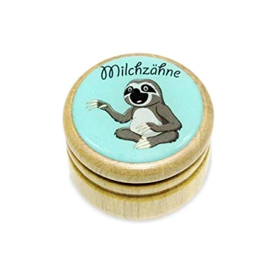 Abbildung von GICO Milchzahndose, Zahndose Milchzähne Bilderdose mit diversen Motiven aus Holz für Jungen und Mädchen Drehverschluss 44 mm (Faultier)