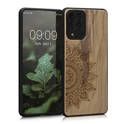 Abbildung von kwmobile Hülle kompatibel mit Samsung Galaxy M53 5G Holz Case Handy Cover TPU Handyhülle in Dunkelbraun Aufgehende Sonne