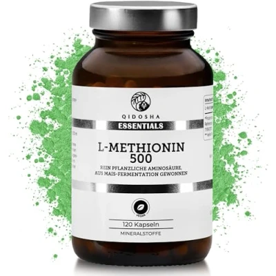 Abbildung von QIDOSHA® L Methionin Kapseln hochdosiert, 120 im Apothekerglas, 500mg je Kapsel, pflanzliche Aminosäure aus Mais Fermentation, 100% vegan, in Deutschland produziert