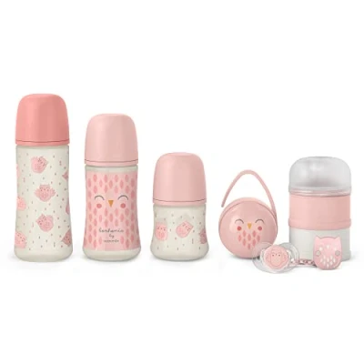 Abbildung von Suavinex, Babyflaschen Set, für Neugeborene. 3 x Anti Colic + Schnuller 0/6 Monate mit SX Pro physiologischer Sauger Milchpulver Portionierer Duo Schnullerbox Schnullerkette. Rosa
