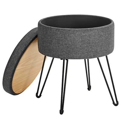 Abbildung von SONGMICS Sitzhocker, runder Hocker mit Stauraum, Aufbewahrungsbox Deckel, 13,4L, Fußablage, Metallbeine, gepolsterter Sitz, für Wohnzimmer, Schlafzimmer, dunkelgrau LOM002G02