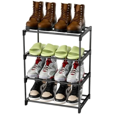 Abbildung von Magrimaxio Schuhregal Metall, Schuhaufbewahrung mit 4 Ebenen, Leichtes Schuhablage, Schuh Regal Stapelbar für 8 Paar Schuhe, Schuhständer Flur, Wohnzimmer, Schlafzimmer, Eingangsbereich (Schwarz)