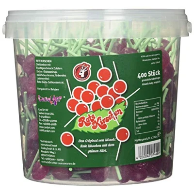 Abbildung von Hirsch Rote Kirschen Lollis 400 Stück im Eimer, 1er Pack (1 x 1.2 kg)