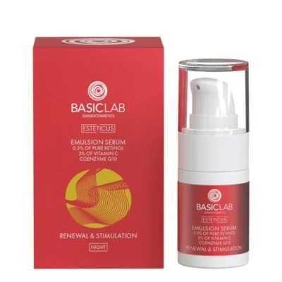 Abbildung von BasicLab Dermocosmetics Emulsion Gesichtsserum mit Retinol, Coenzym Q10 und Vitamin C 15 ml Anti Falten Nachtserum für Frauen