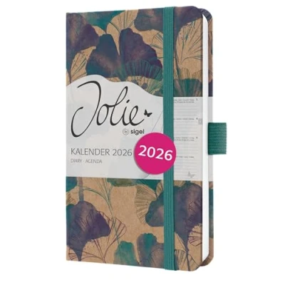 Abbildung von SIGEL J6808 Wochenkalender 2026 A6, &quot;Moonlight Ginkgo&quot; Hardcover aus Kraftpapier, Gummiband, Stiftschlaufe, 174 Seiten, vegan, Buchkalender, Terminplaner Kalenderbuch Jolie
