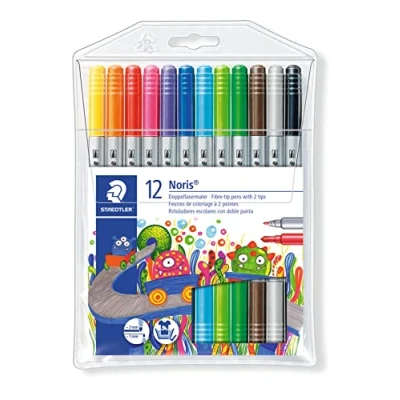 Abbildung von STAEDTLER Doppelfasermaler Noris Club, stabile, eindrucksichere Spitze, auswaschbar, Strichbreite 1 3 mm, Etui mit 12 farblich sortierten Doppelfasermalern, 320 NWP12, Stück (1er Pack)