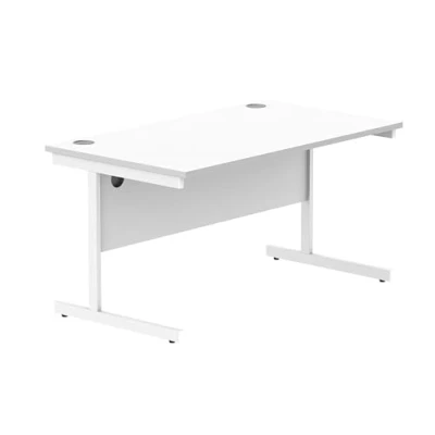 Abbildung von office hippo Essentials Rechteckiger Schreibtisch Computer Arbeitsplatz, Heimbürotisch mit Kabelanschluss Management, 140 x 80 cm, Arktikweiß