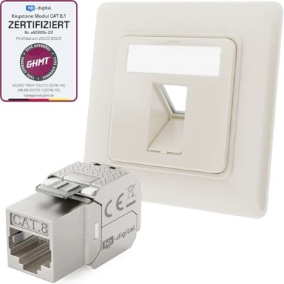 Abbildung von hb digital 1 Port CAT 8 Netzwerkdose unterputz RAL9010 + 1x GHMT zertifiziertes Keystone RJ45 Modul LAN Ethernet Dose Buchse Einbaubuchse max. 40 Gbit/s STP Reinweiß