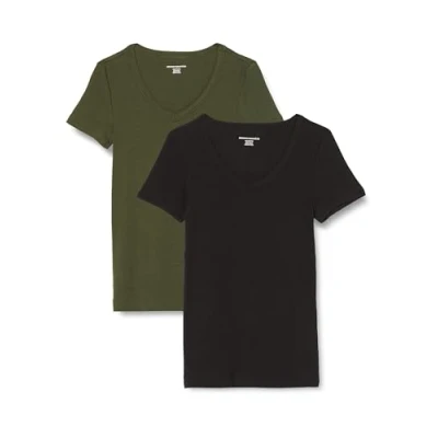 Abbildung von Amazon Essentials Damen Kurzärmeliges T Shirt mit V Ausschnitt, Schmale Passform, 2er Pack, Dunkles Olivgrün/Schwarz, XL