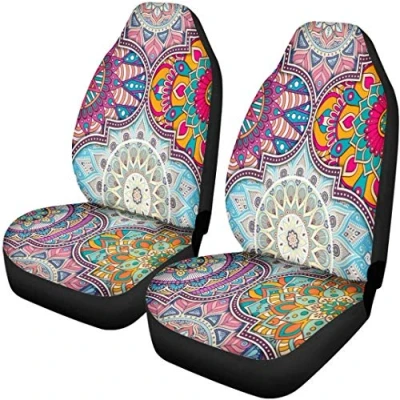 Abbildung von TOADDMOS Autositzbezüge, Mandala, Patchwork, Bohemian, bunt, Eimer, Vordersitze, Schutz, universelle Passform für Autos, Limousine, SUV