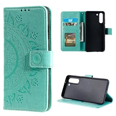 Abbildung von CoverKingz Handy Hülle kompatibel mit Samsung Galaxy S21 FE Handyhülle Kartenfach Bookcover Case Tasche klappbar Motiv Mandala Grün