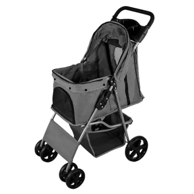 Abbildung von Hundewagen Klappbarer Buggy bis 15kg 4 Räder: 2x 360 Bremsen Für Tiere Hunde Katze Mit Karabinerhaken Netzfenstern Abnehmbar Kissen Aufbewahrungskorb Getränkehalter &amp; Regenschutz [Grau]