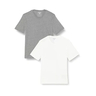 Abbildung von Amazon Essentials Herren Kurzärmliges T Shirt mit V Ausschnitt in normaler Passform (in Übergrößen erhältlich), 2er Pack, Grau Meliert/Weiß, XL