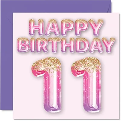 Abbildung von Geburtstagskarte zum 11. Geburtstag für Mädchen rosa und lila Glitzerballons Happy Karten 11 Jahre altes Tochter Schwester Enkelin Cousin 145 mm Elfter Grußkarten Geschenk