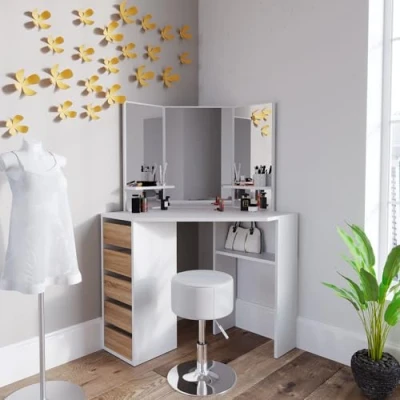 Abbildung von Vicco Eckschminktisch Arielle, Weiß/Sonoma/Sonoma, 110 cm mit Hocker