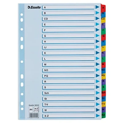 Abbildung von Leitz Esselte Register für A4, Deckblatt und 20 Trennblätter, Taben mit alphabetischem Aufdruck A Z, Lochrand folienverstärkt (Mylar), Blau, Karton, 100167