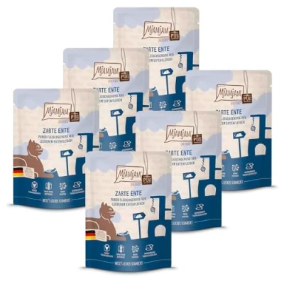 Abbildung von MjAMjAM Premium Nassfutter für Katzen Quetschie purer Fleischgenuss zarte Ente pur, 6er Pack (6 x 300 g), getreidefrei mit extra viel Fleisch