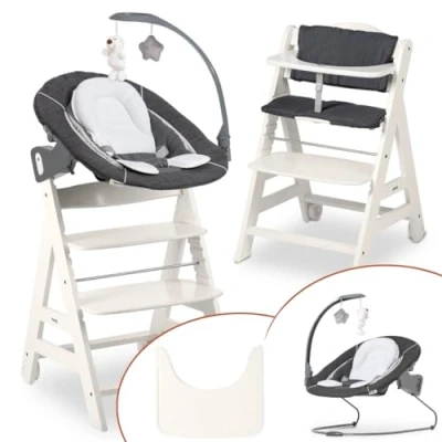 Abbildung von hauck Hochstuhl Beta+ Newborn Set Deluxe Babyhochstuhl ab Geburt mit Neugeborenen Aufsatz Bouncer, Sitzpolster und Essbrett White Melange Grey