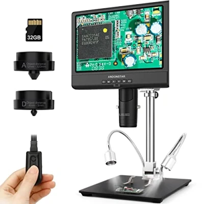 Abbildung von Andonstar AD249 M 10,1 Zoll Digitales Mikroskop, Digitale Mikroskop mit 3 Linsen, 1080P FHD Videoaufzeichnung, 500x, Lötmikroskop, biologisches Kit 32G Karte, vorbereitete Objektträger