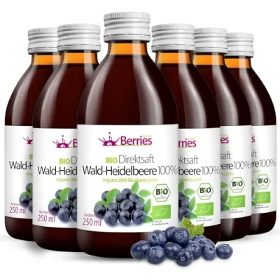 Abbildung von BIO Waldheidelbeersaft 6er Pack (6x250ml) purer Waldheidelbeere Direktsaft 100% Kaltgepresst Muttersaft ohne GMO, Konservierungsstoffe, Zuckerzusatz Vegan, Öko, BerriesPolska®
