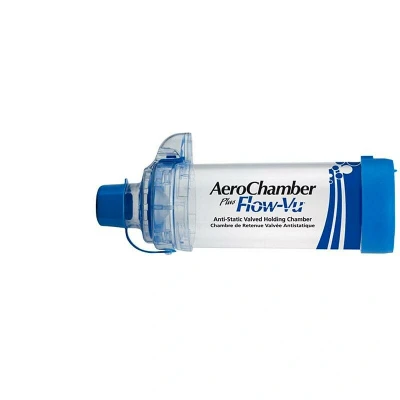 Abbildung von AeroChamber plus Flow VU mit Mundstück blau Inhalierhilfe