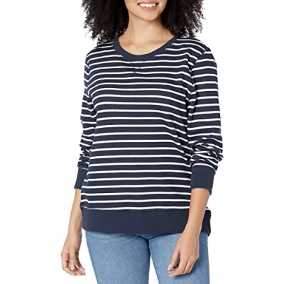 Abbildung von Amazon Essentials Damen Sweatshirt aus French Terry Fleece mit Rundhalsausschnitt (Erhältlich in Übergröße), Marineblau Weiß Streifen, L