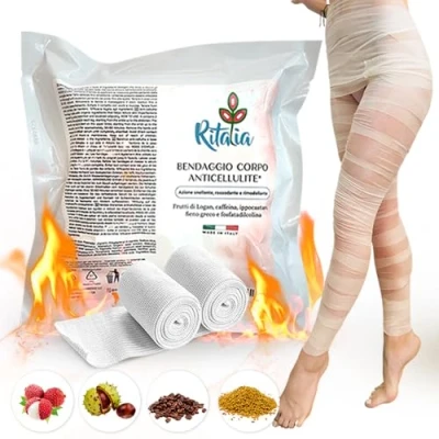 Abbildung von Ritalia® CELLULITE WICKEL BANDAGEN mit Wirkstoffen 100% VEGAN 2 EXTRA LANGE DRAINIERENDE BEINBANDAGEN für Beine, Po, Bauch und Hüfte (Bandagen)